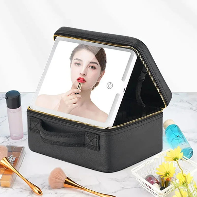 Smart LED Makeup Case with Mirror | Large Travel Cosmetic Bag Travel Cosmetic Case QXL