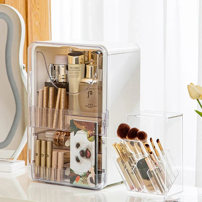 Clear Acrylic Makeup Brush Holder with Lid | Large Capacity Makeup Brush Organizer QXL