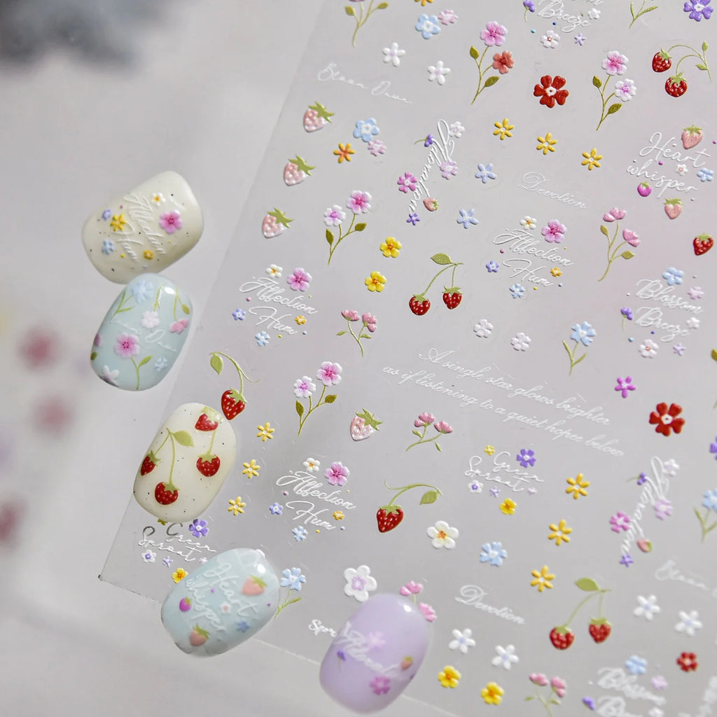 5D Embossed Floral Nail Stickers | Garden Berry & Flower Decals Nail Art Stickers QXL