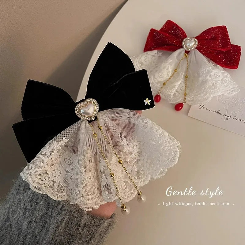 Red Lace Bow Hair Clip | Rhinestone Crystal Hairpin for Women Bow Hair Clip QXL