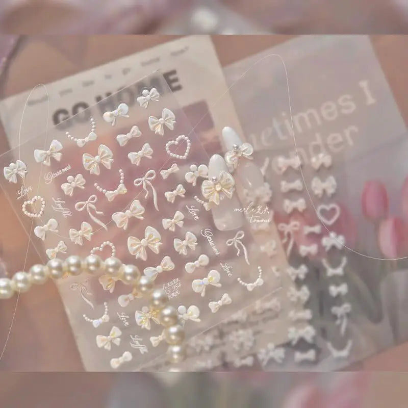 3D Heart Pearl Bow Ribbon Nail Stickers | Self-Adhesive DIY Nail Art Stickers QXL
