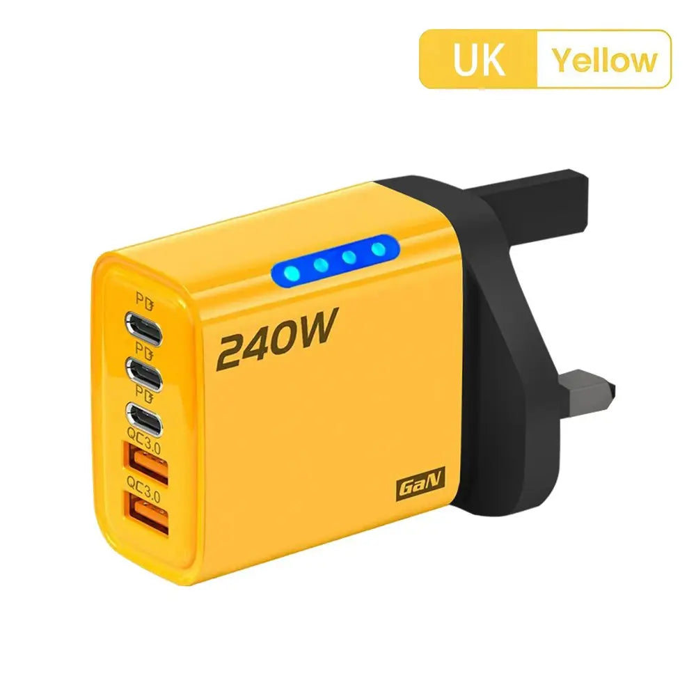 240W GaN 5-Port USB-C Charging Station | PD & QC 3.0 GaN USB-C Charger QXL Yellow UK