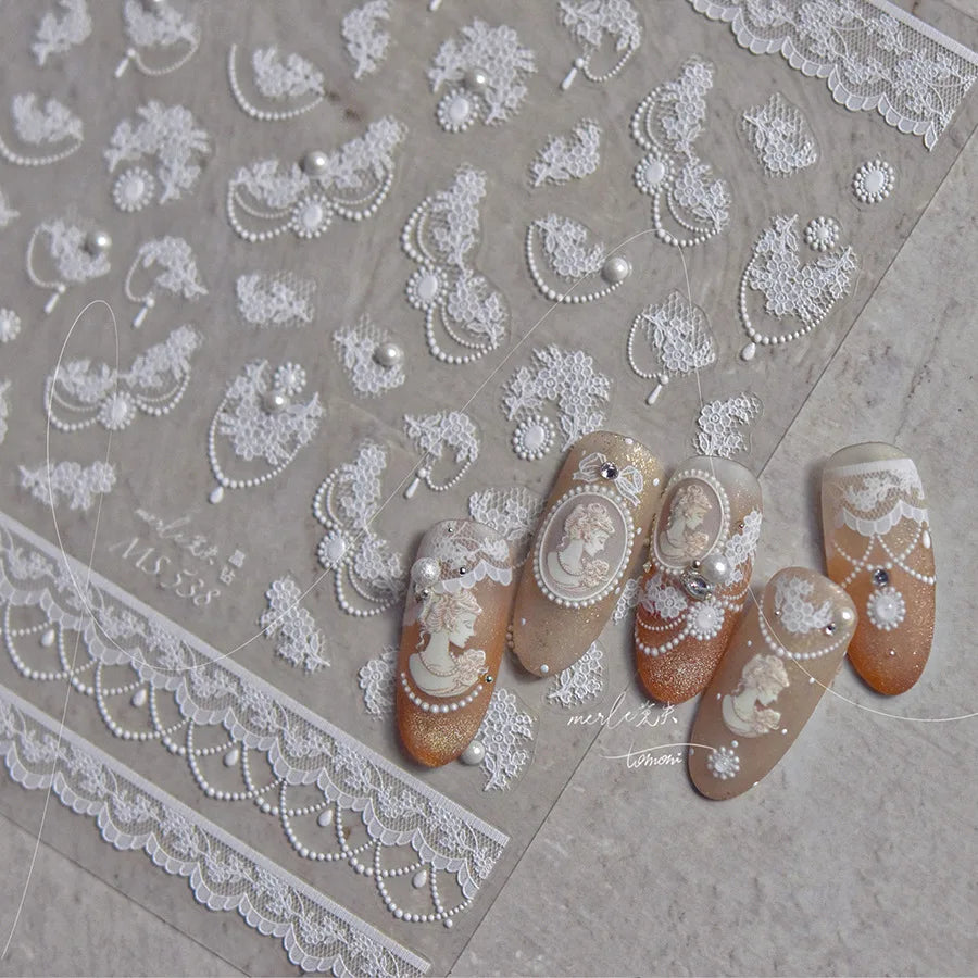 5D Lace Flower Nail Stickers | Crystal Diamond Pearl Decals Nail Art Stickers QXL
