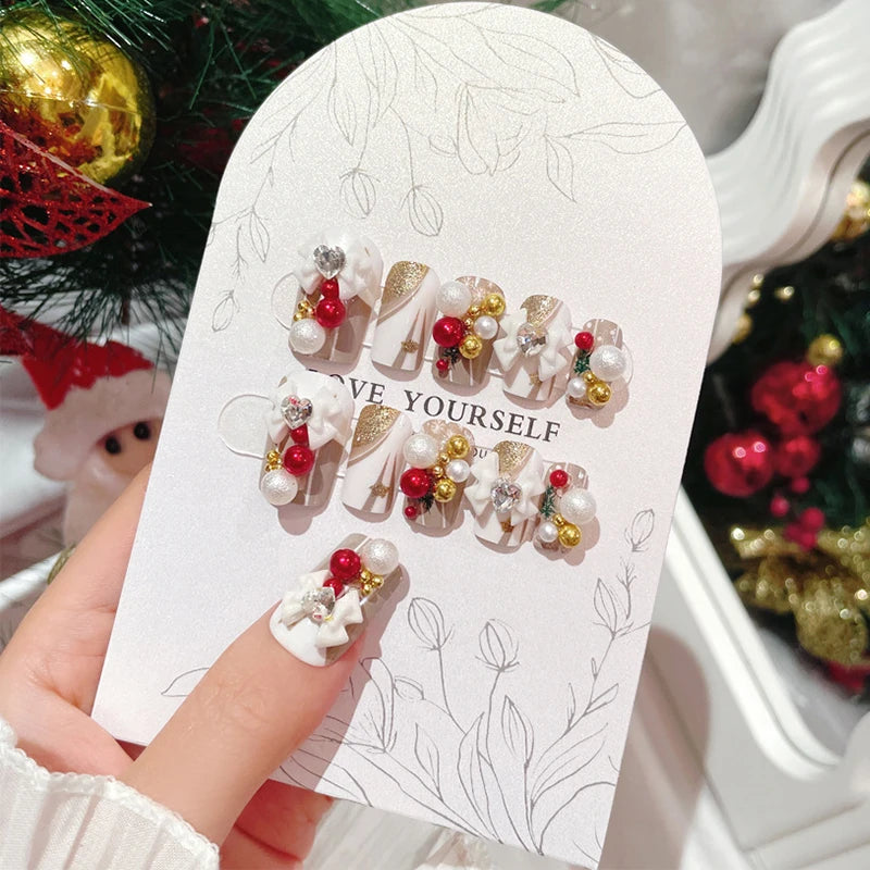 24-Pc Christmas Bowknot Press-On Nails Kit | Festive Manicure Press-On Nail Kit QXL
