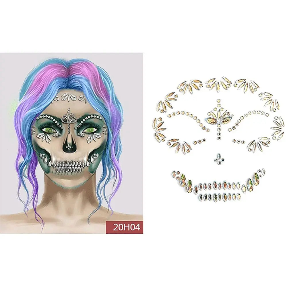 Halloween Skull Temporary Face Tattoo & Crystal Stickers Temporary Face Sticker QXL