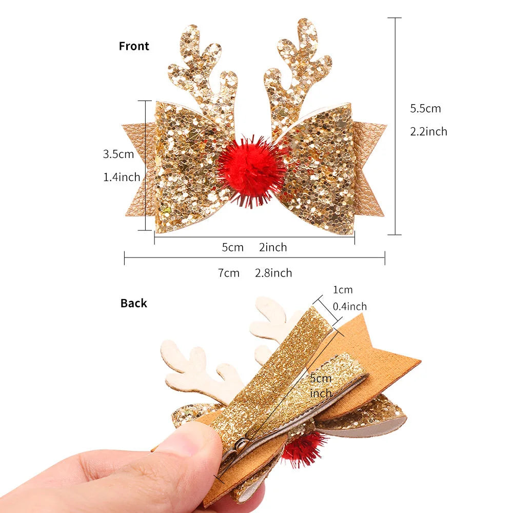 Girls Sequin Bow & Antler Hair Clips | Christmas Party Set Kids Hair Clips QXL