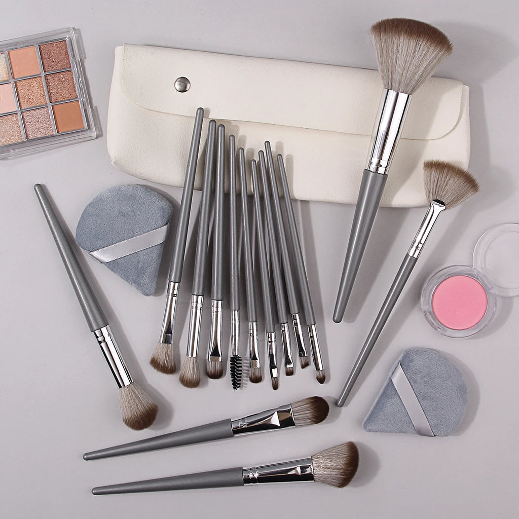 KOSSHOW 17-Pc Grey Makeup Brush Set with PU Travel Pouch Makeup Brush Set QXL