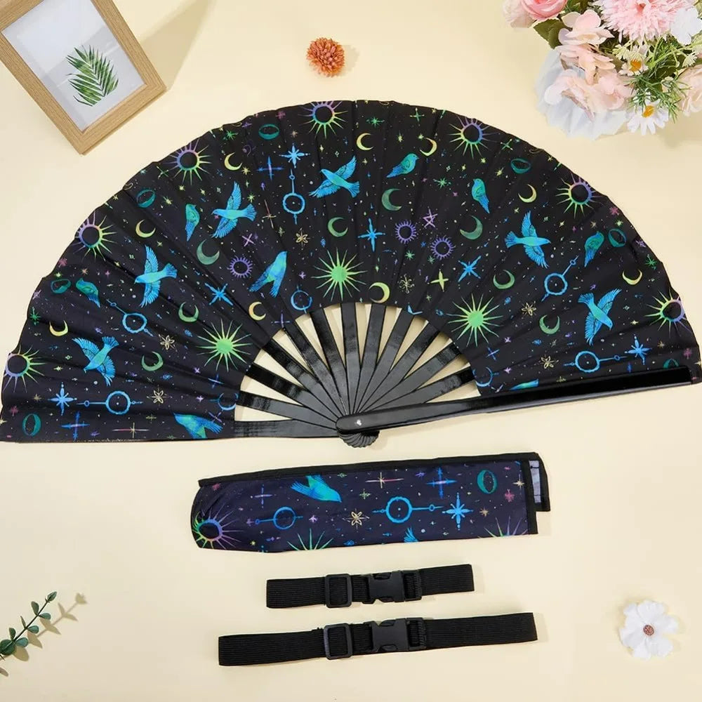 12.99" UV Glow Bamboo Folding Fan with Bag & Belt | Rave Dance Decorative Folding Fan QXL