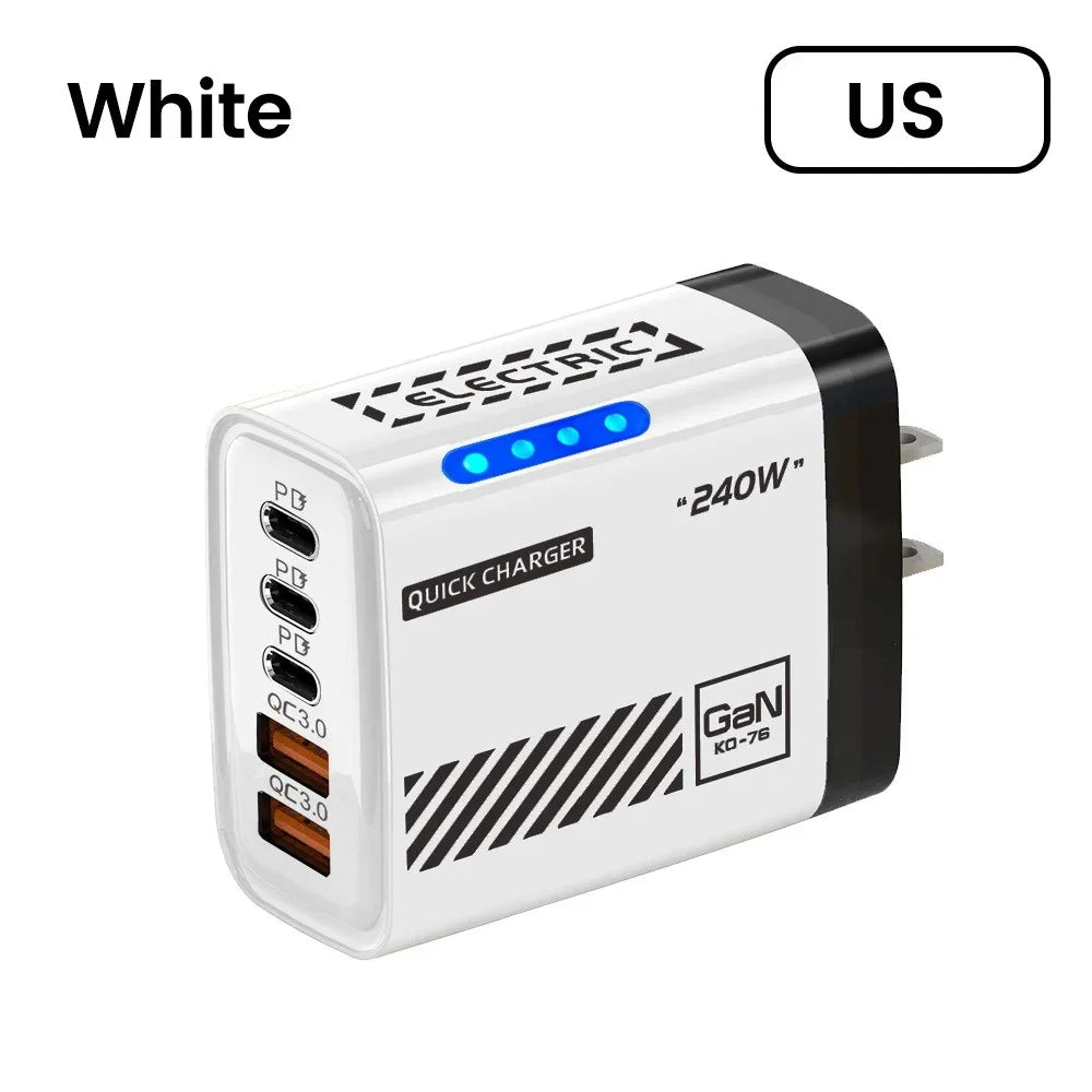 5-Port 240W GaN USB-C PD Fast Charger | Quick Charge 3.0 GaN Wall Charger QXL White US 100-240V