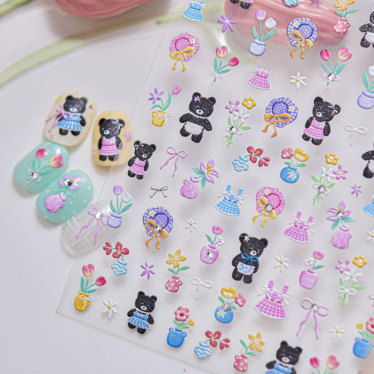5D Black Bear Nail Art Stickers – Spring Tulip Garden Decals Nail Art Stickers QXL