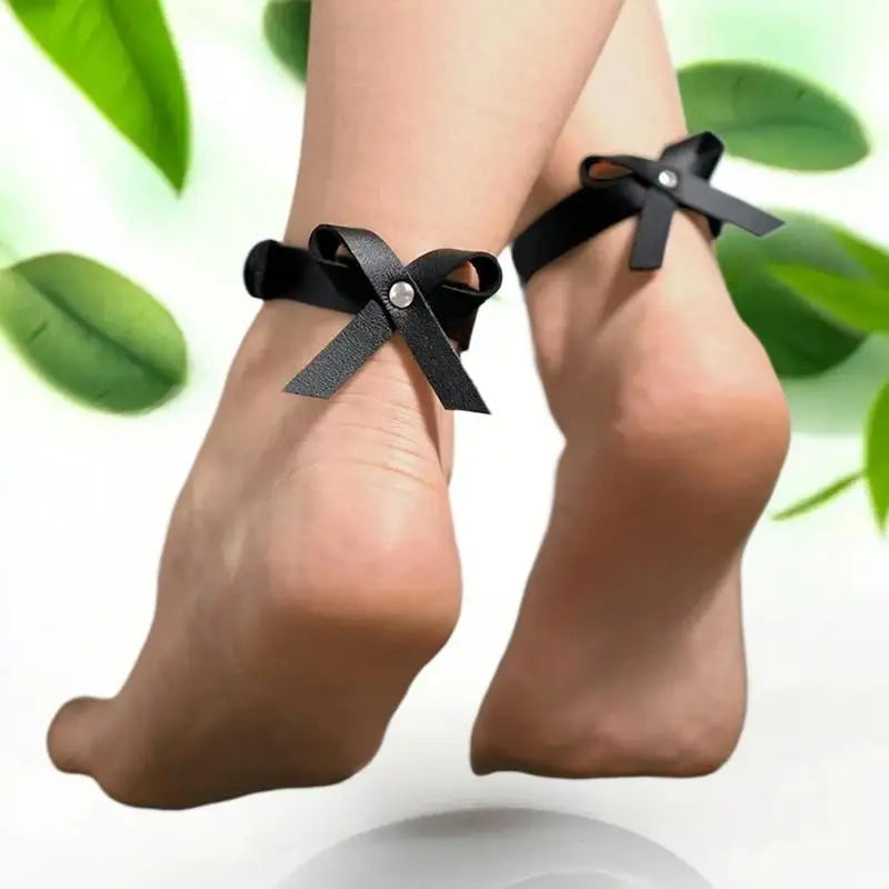 2-Pack Bow & Stud PU Leather Anklets for Women – Black Fashion Anklet Set QXL