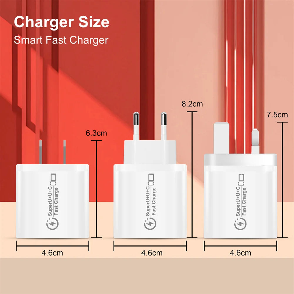 48W 3-Port USB-C PD Fast Charger | EU US UK Plug Adapter USB-C Wall Charger QXL
