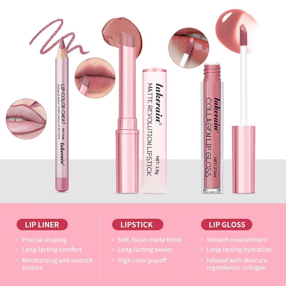 Lakerain Mini Lip Kit – Lipstick, Liner & Gloss Set Lip Makeup Set QXL