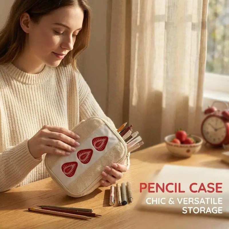 Embroidered Strawberry Pencil Case | Large Capacity Stationery Bag Pencil Case QXL Default Title