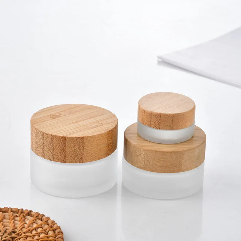 Frosted Glass Cream Jars with Bamboo Lid | 5g–100g Cosmetic Cosmetic Glass Jar QXL