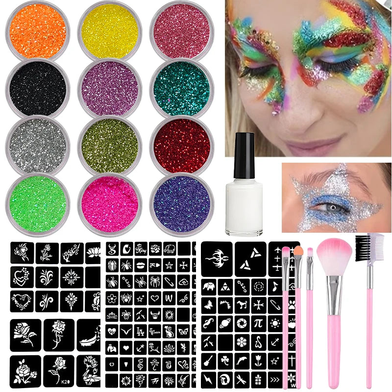 12-Shade Glitter Temporary Tattoo Kit | Stencils & Glue Temporary Tattoo Kit QXL
