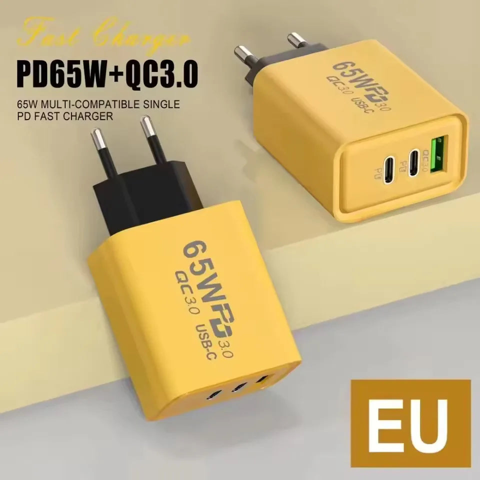 65W GaN USB-C Fast Charger | 3-Port PD Power Adapter USB-C GaN Charger QXL