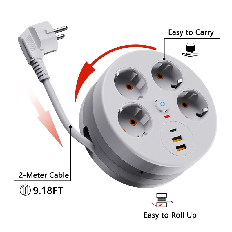 EU Power Strip 4 Outlets USB USB-C | 2.8m Retractable Cable EU Power Strip QXL