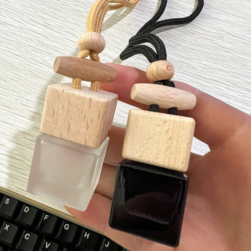 8ml Black Glass Car Aroma Bottle | Wooden Cap & Belt Hanger Car Aroma Diffuser Bottle QXL