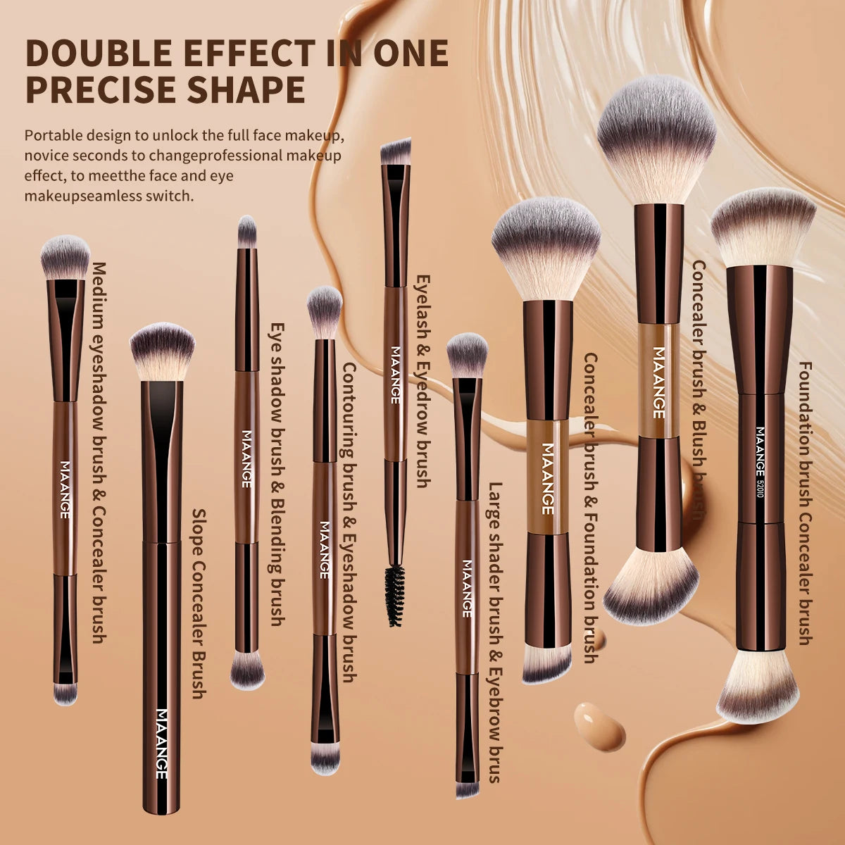 MAANGE 9-Pc Double-Ended Makeup Brush Set | Face & Eye Makeup Brush Set QXL