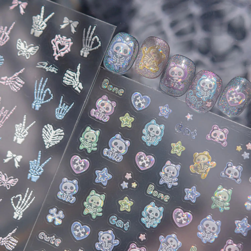 5D Holographic Y2K Nail Stickers | Gothic Cat Skull Heart Decals Nail Art Stickers QXL