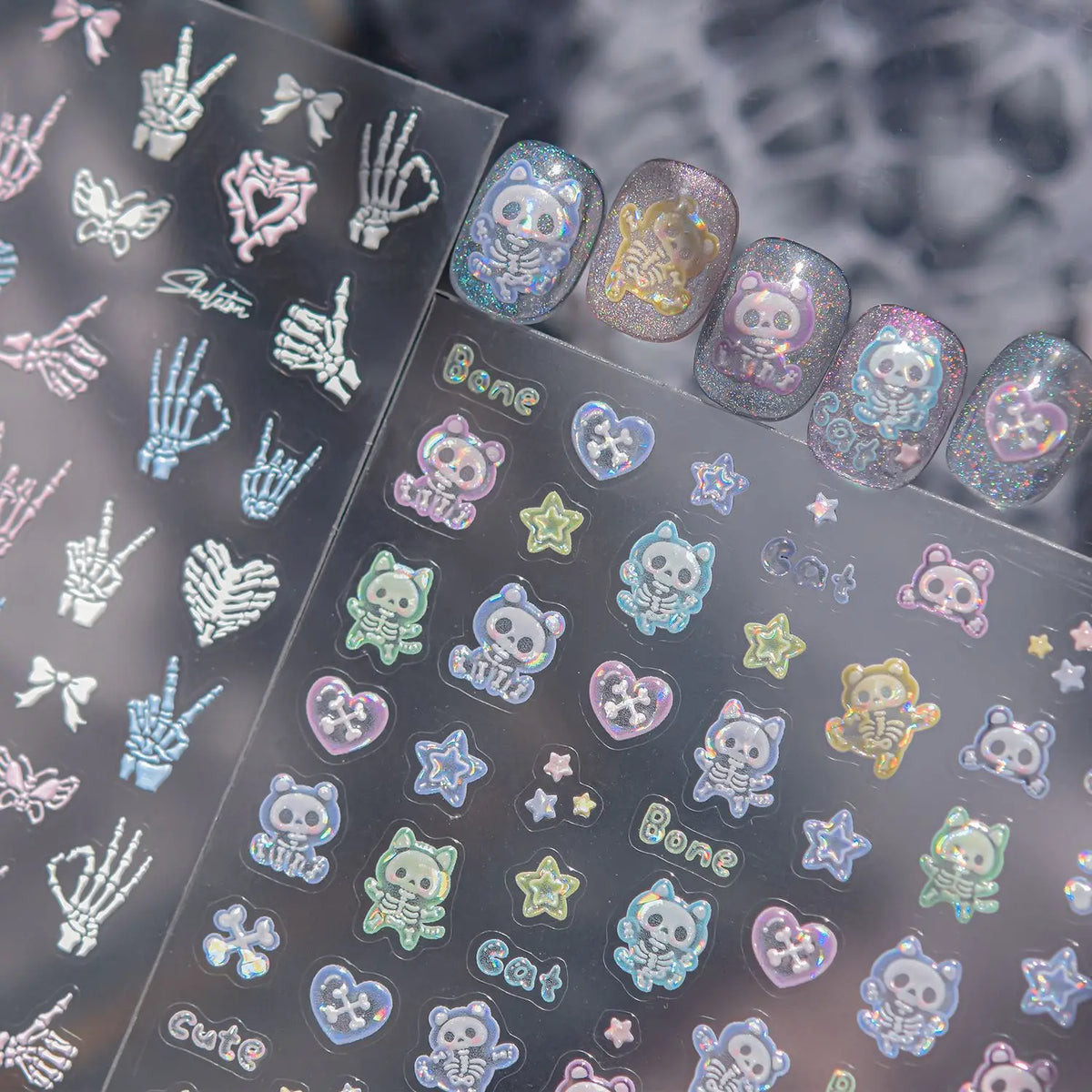 5D Holographic Y2K Nail Stickers | Gothic Cat Skull Heart Decals Nail Art Stickers QXL