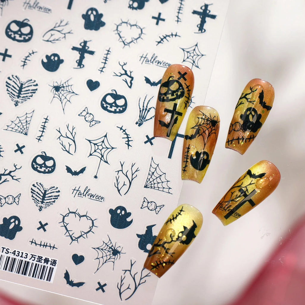 Halloween Gothic 5D Nail Stickers – Skull Pumpkin Spider Web Nail Art Stickers QXL