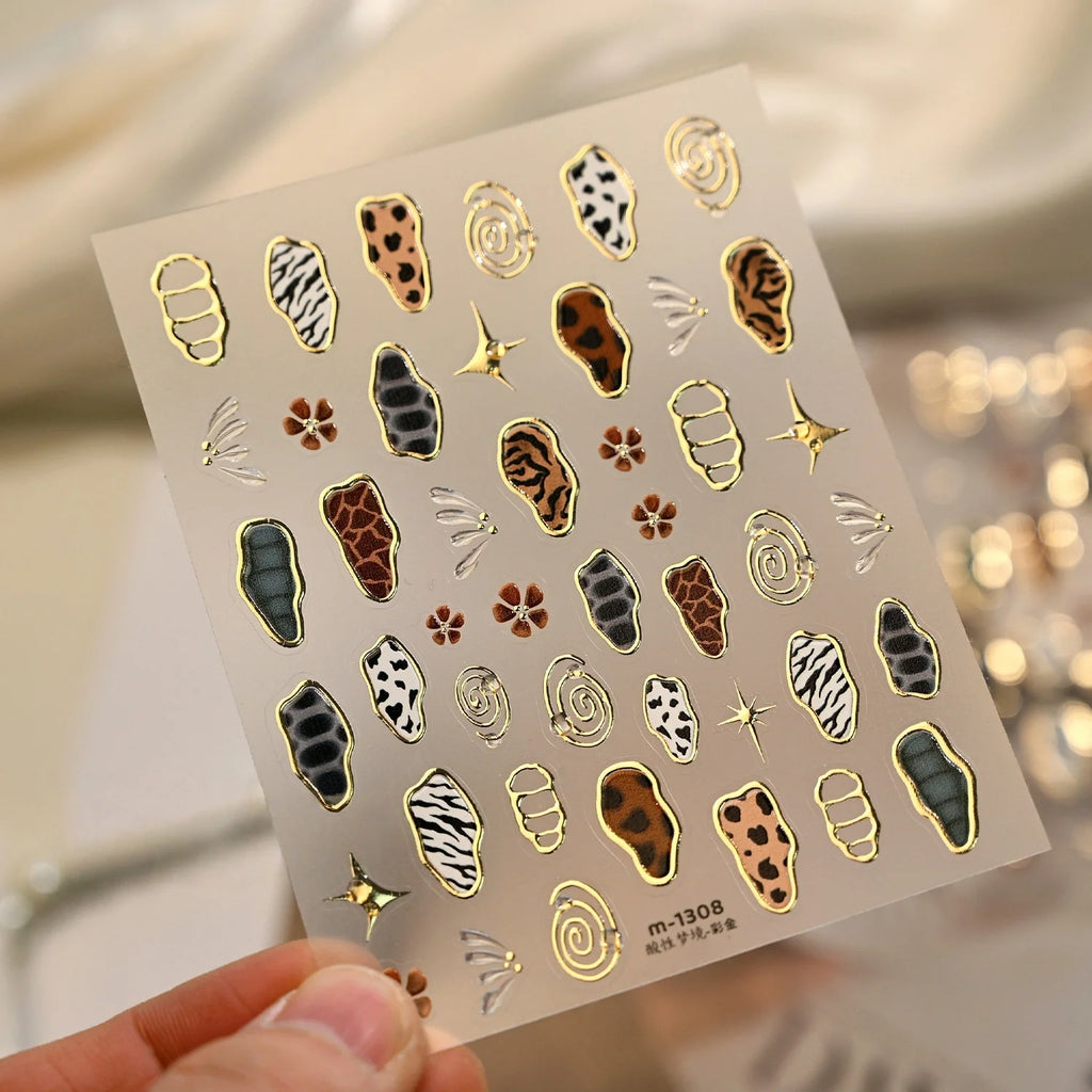 5D Retro Animal Skin Nail Stickers | Gold Border Star Flower Decals Nail Art Stickers QXL