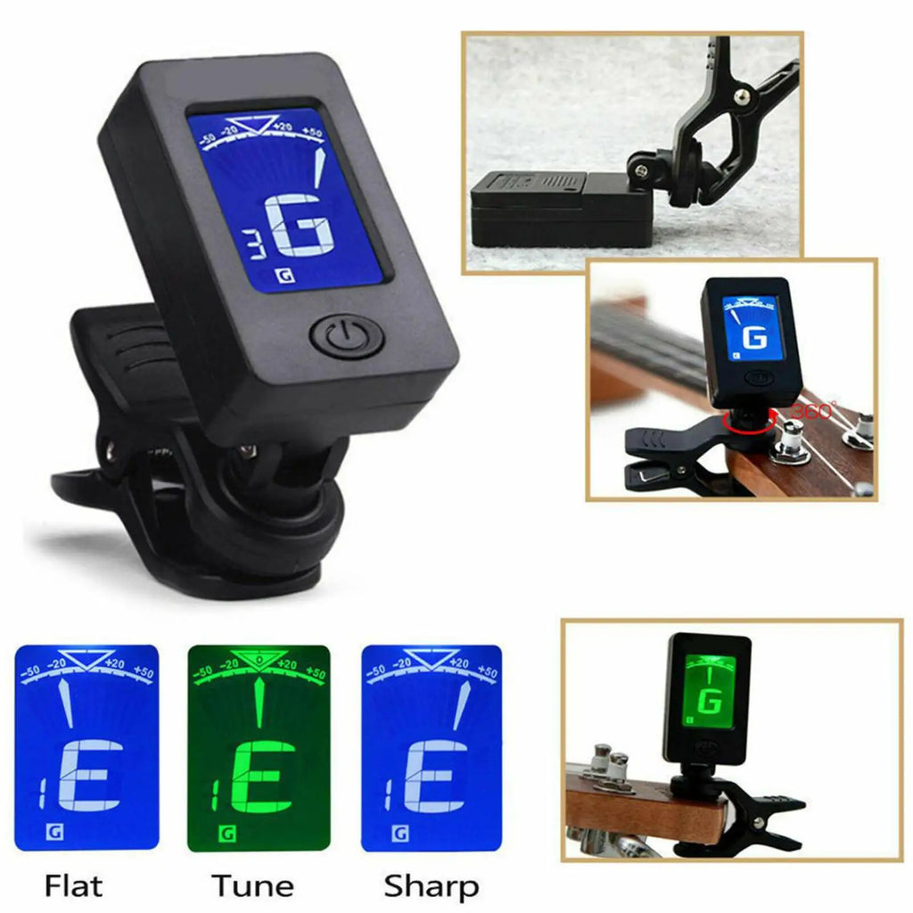 Clip-On Digital Guitar Tuner | LCD for Guitar, Bass & Ukulele Clip-On Guitar Tuner QXL