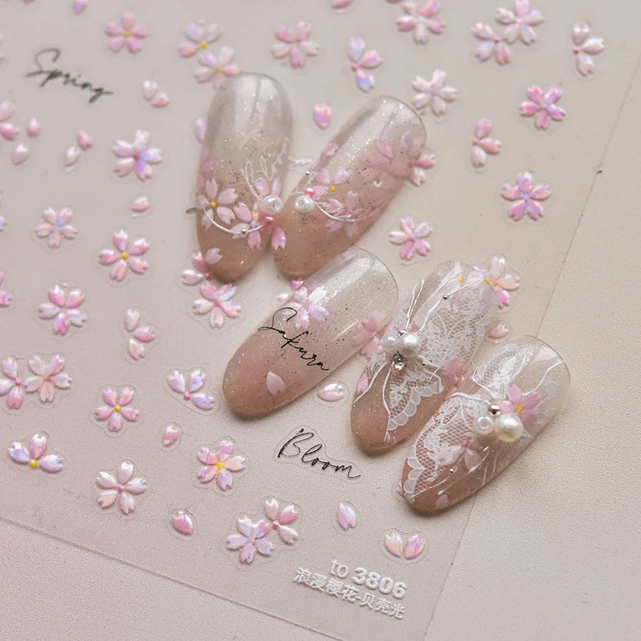 5D Bronzing Sakura Nail Stickers | Kawaii Pink Flower Decals Nail Art Stickers QXL