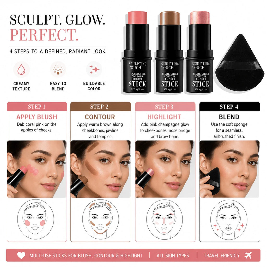 4-Pc Face Sculpting Kit | Blush, Contour & Highlighter Sticks Face Sculpting Kit QXL
