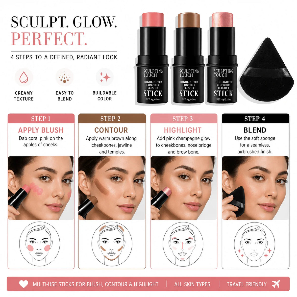 4-Pc Face Sculpting Kit | Blush, Contour & Highlighter Sticks Face Sculpting Kit QXL
