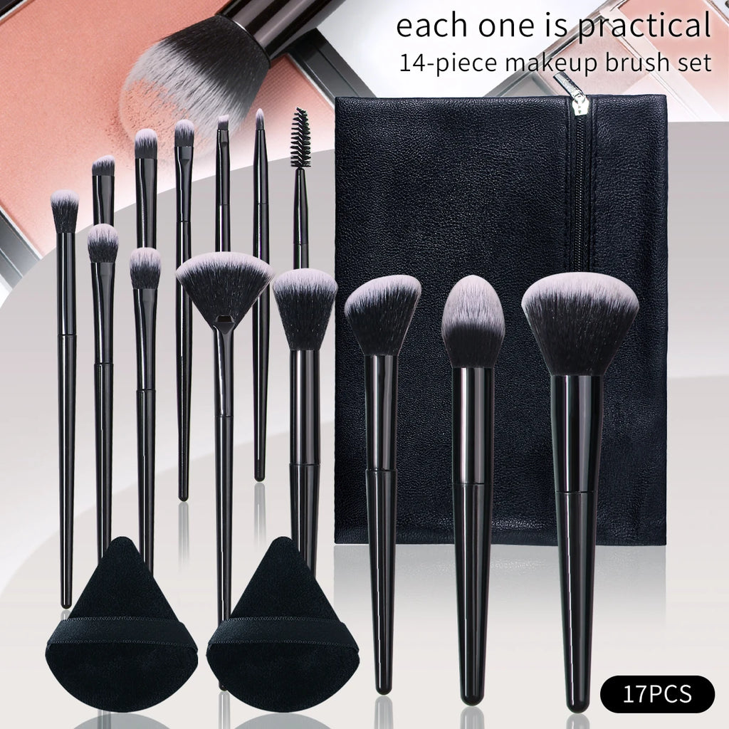 17-Pc Makeup Brush Set with Sponge Pads & Zipper Bag Makeup Brush Set QXL black