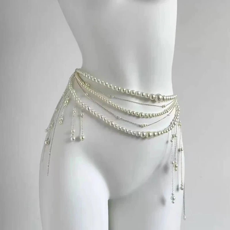 Multi-Layer Pearl Flower Tassel Waist Chain | Women's Body Chain Body Chain QXL