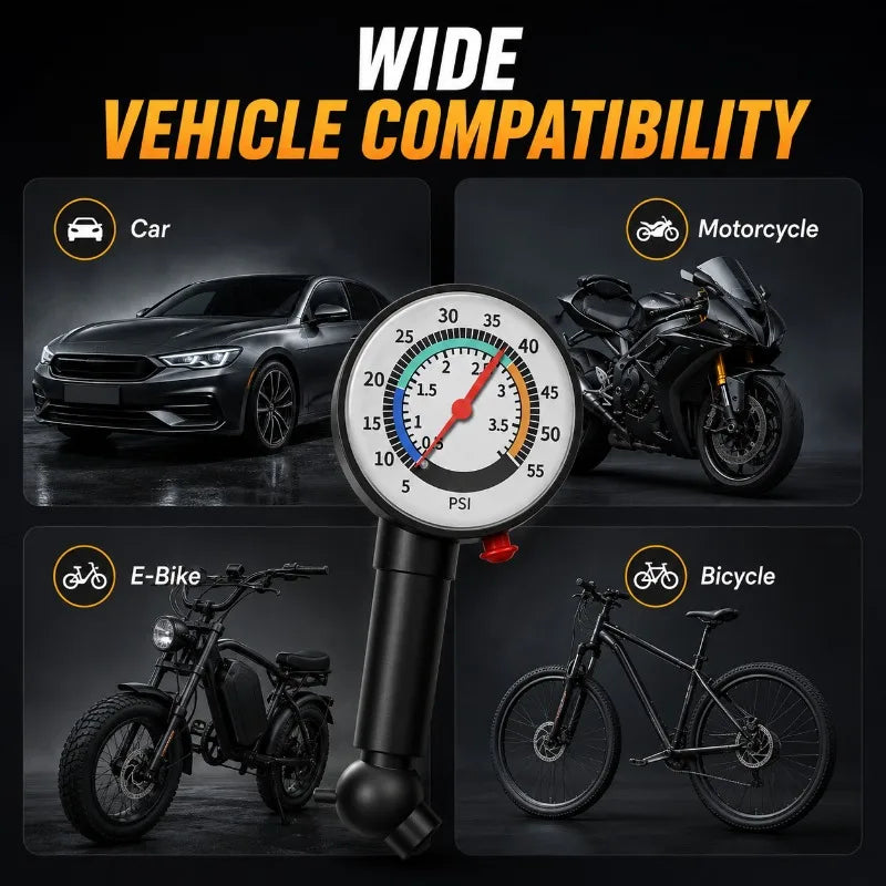 Analog Tire Pressure Gauge 0–55 PSI | Car, Bike & Motorcycle Tire Pressure Gauge QXL