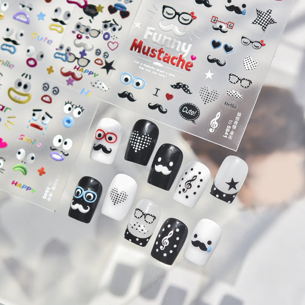 5D Black & White Funny Nail Stickers | Self-Adhesive Decals Nail Art Stickers QXL