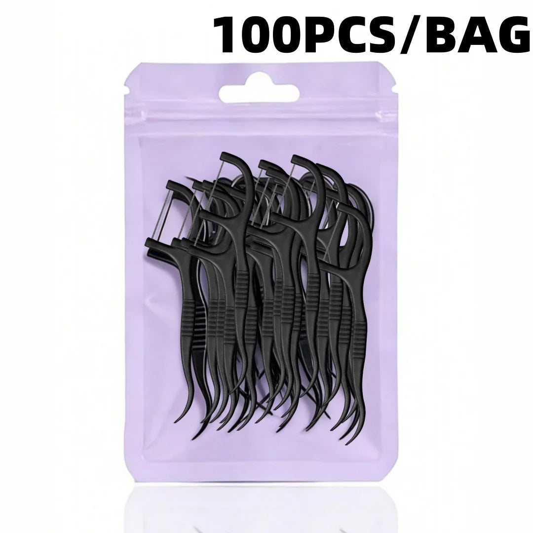 100-Count Bamboo Charcoal Floss Picks | Interdental Oral Care Dental Floss Picks QXL 100pcs-1bag