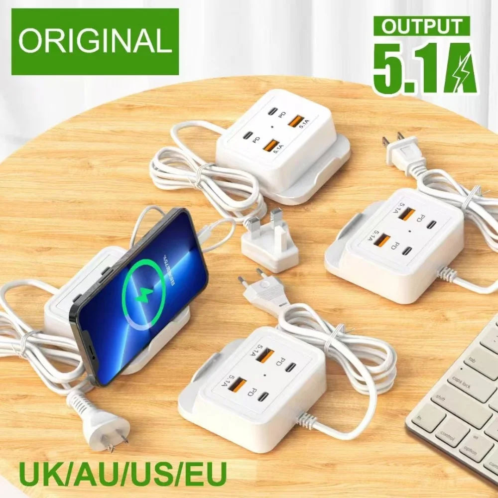 5.1A USB-C 4-Port Fast Charger Power Strip with Phone Stand USB-C Multi-Port Charger QXL