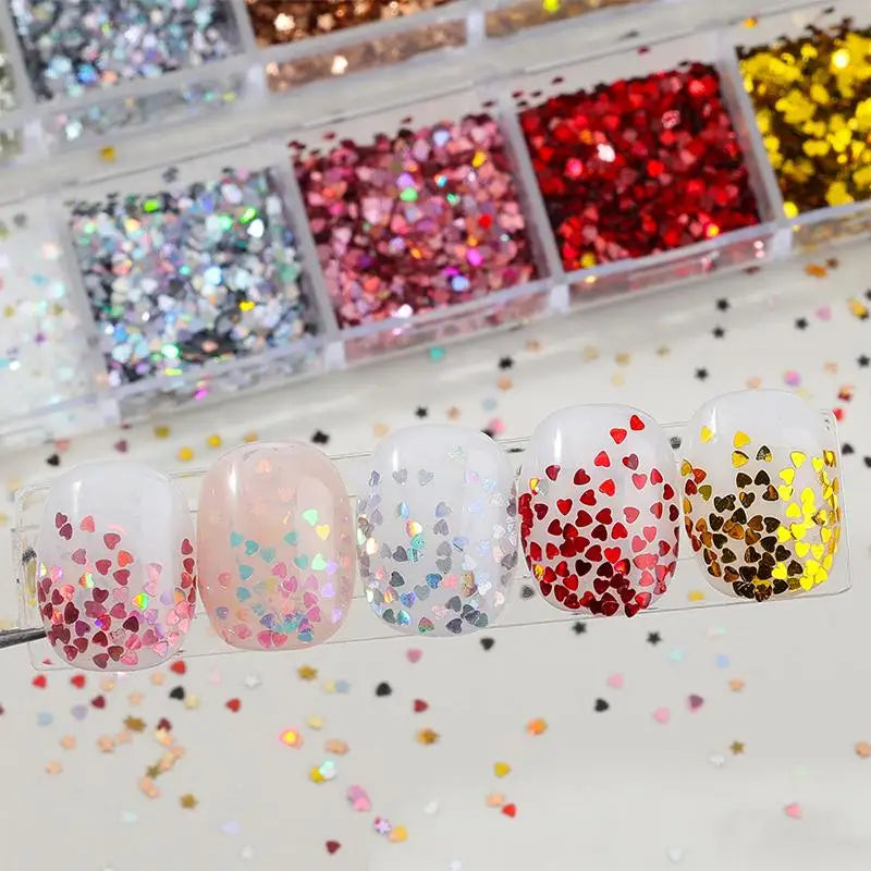 12-Grid Nail Glitter Set | Star & Heart Sequins for Nail Art Nail Art Glitter QXL