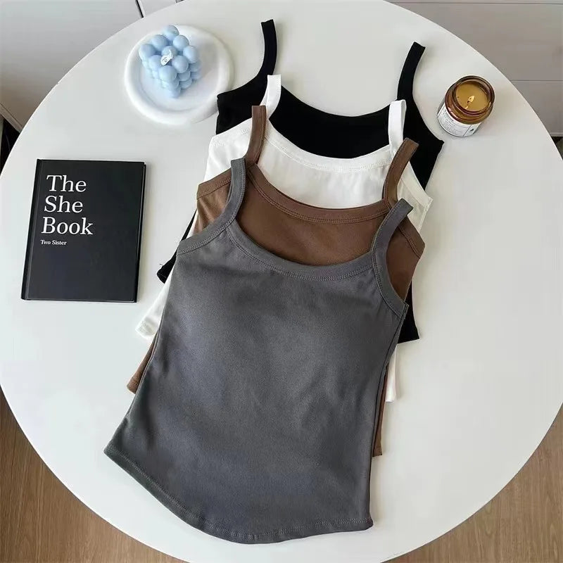 U-Neck Built-In Bra Camisole | Curved Hem Sleeveless Tank Top Camisole Tank Top QXL