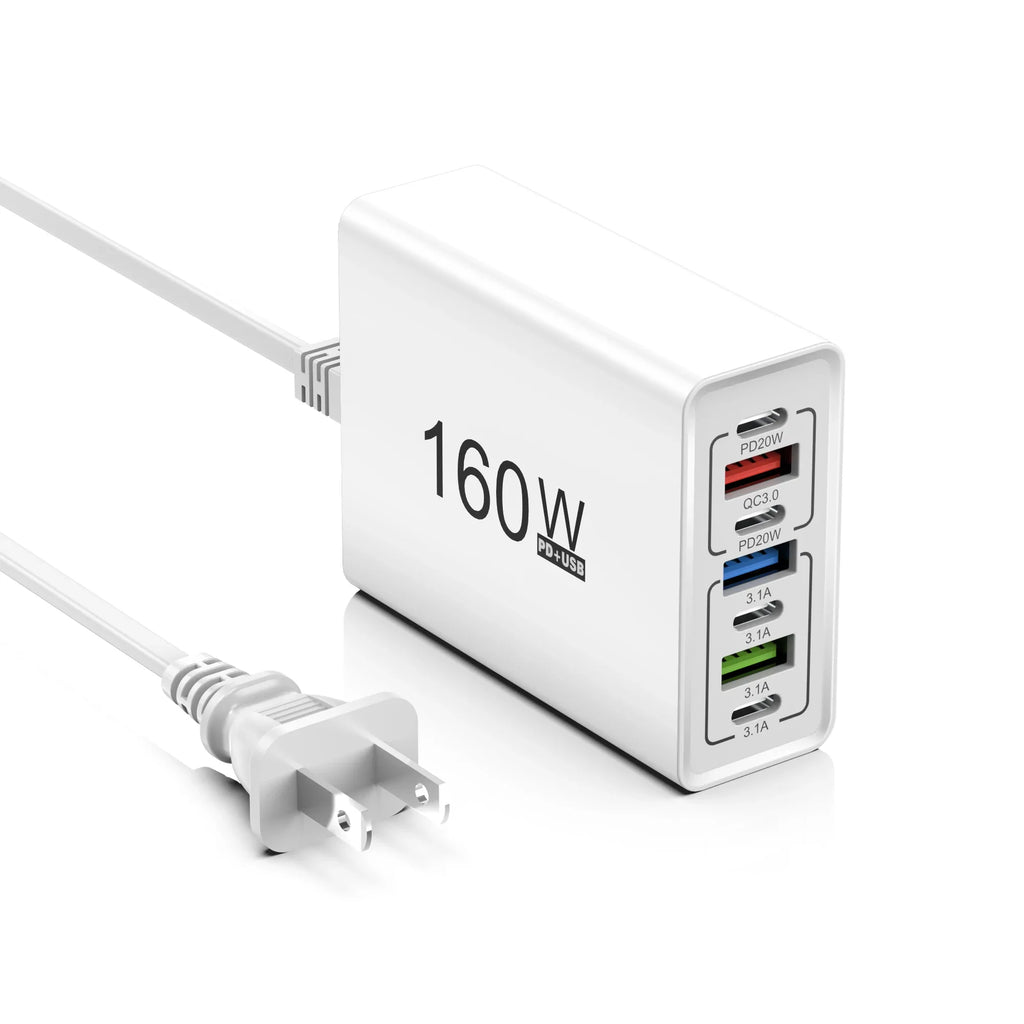 160W 7-Port USB-C Fast Charger | EU & US Wall Adapter QC3.0 Multi-Port Wall Charger QXL White US