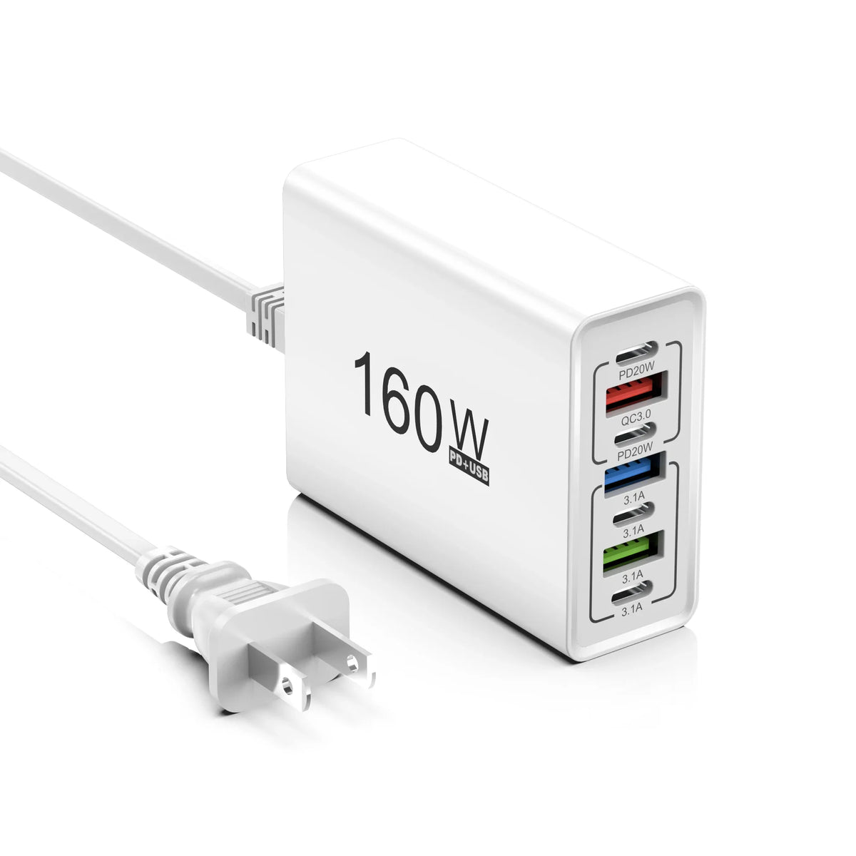 160W 7-Port USB-C Fast Charger | EU & US Wall Adapter QC3.0 Multi-Port Wall Charger QXL White US