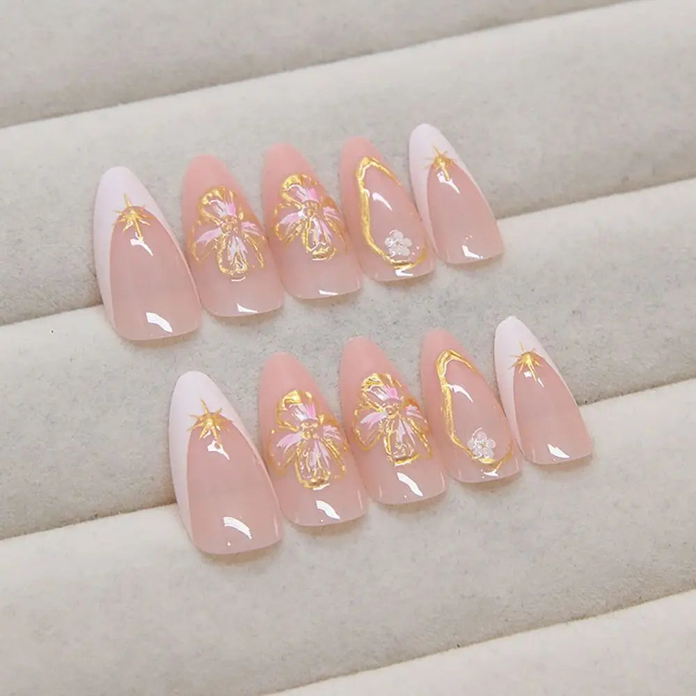Gold Flower French False Nails | Sun Moon Full Cover Tips 24/30-Pc Press-On False Nails QXL