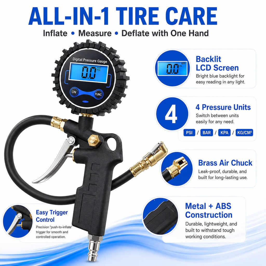 Digital Tire Inflator Pressure Gauge | 3-in-1 Metal & ABS Tire Inflator Gauge QXL