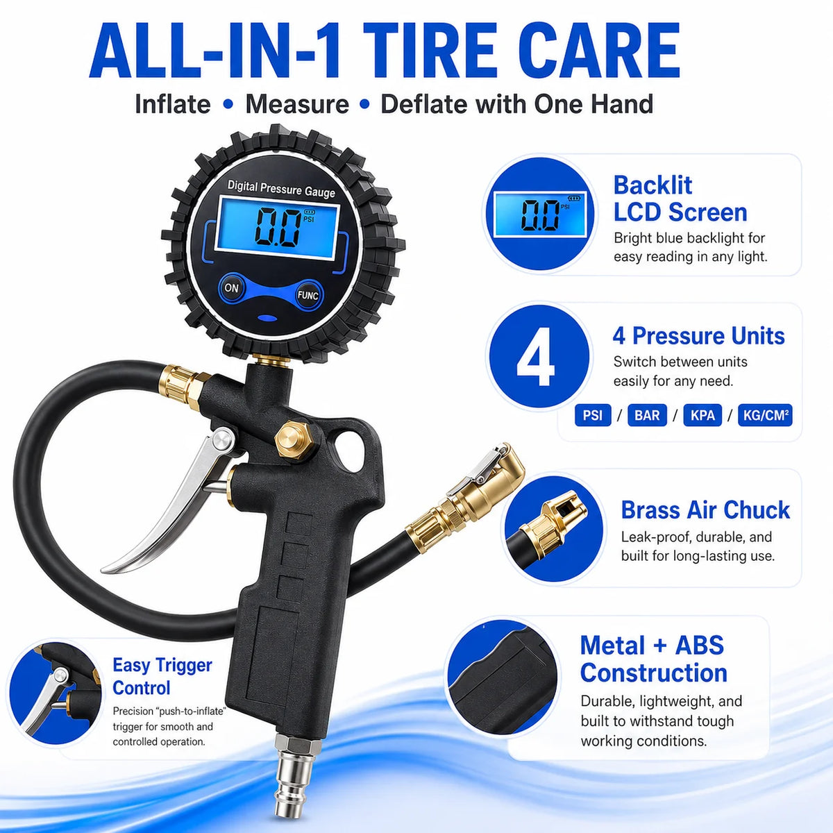Digital Tire Inflator Pressure Gauge | 3-in-1 Metal & ABS Tire Inflator Gauge QXL