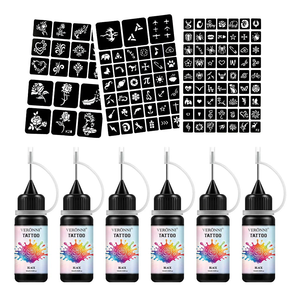 Temporary Tattoo Gel Kit with Stencils | DIY Body Art Set Temporary Tattoo Kit QXL 7pcs-Black
