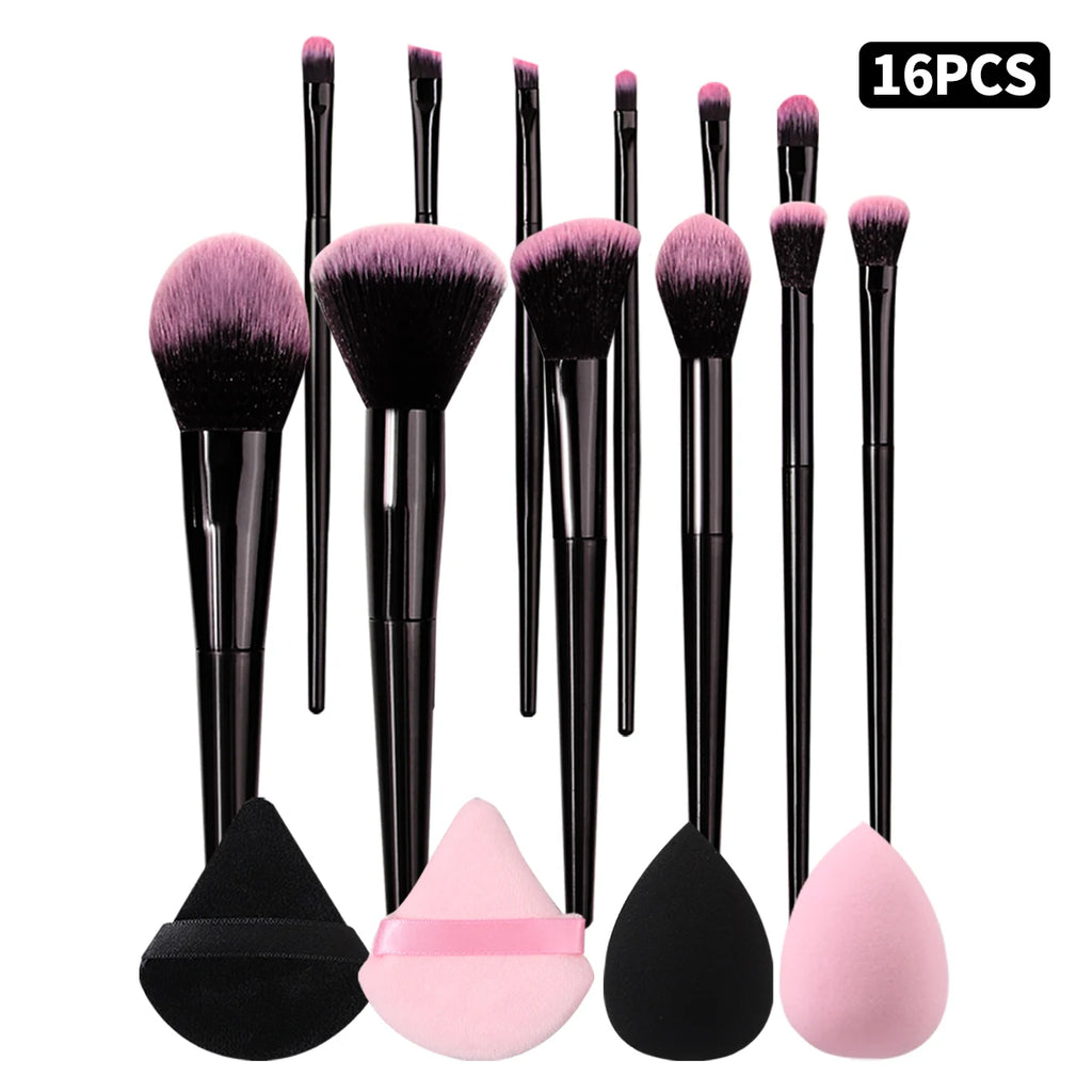 KOSSHOW 16-Pc Makeup Brush Set with Puffs & Sponges Makeup Brush Set QXL black