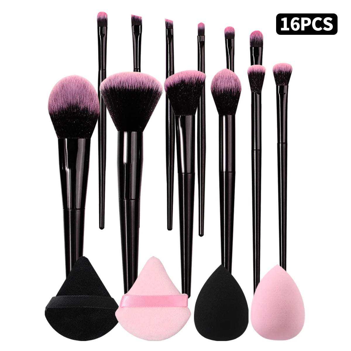 KOSSHOW 16-Pc Makeup Brush Set with Puffs & Sponges Makeup Brush Set QXL black