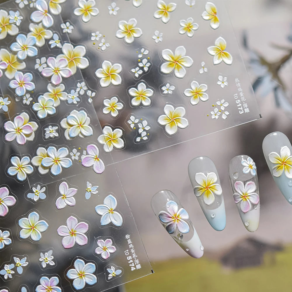 5D Frangipani Flower Nail Stickers | Floral Self-Adhesive Decals Nail Art Stickers QXL