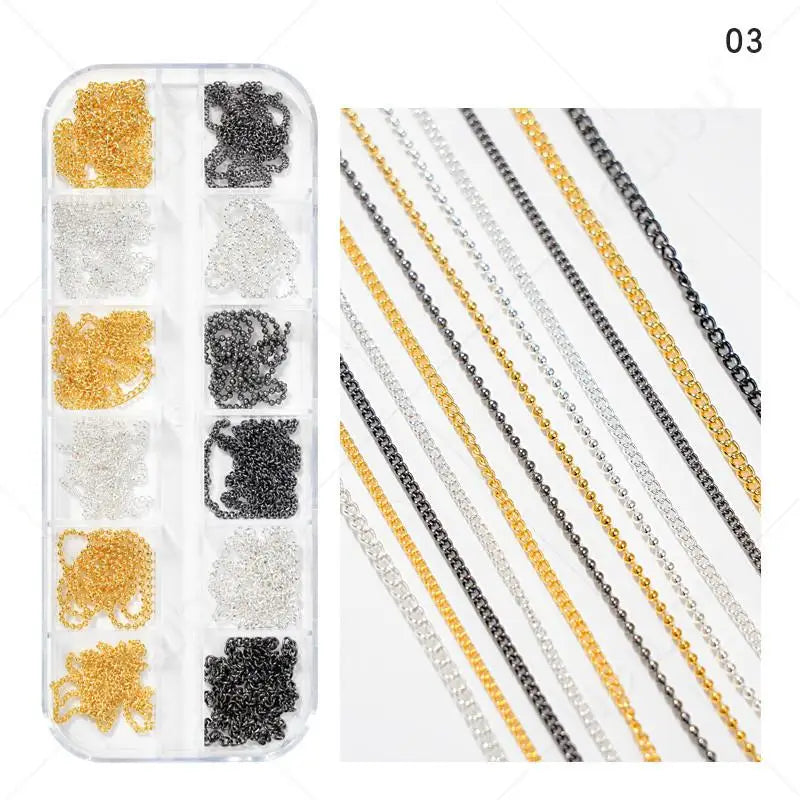 12-Grid Metal Nail Art Chains | Gold Silver Black Bead Set Nail Art Chains QXL A1
